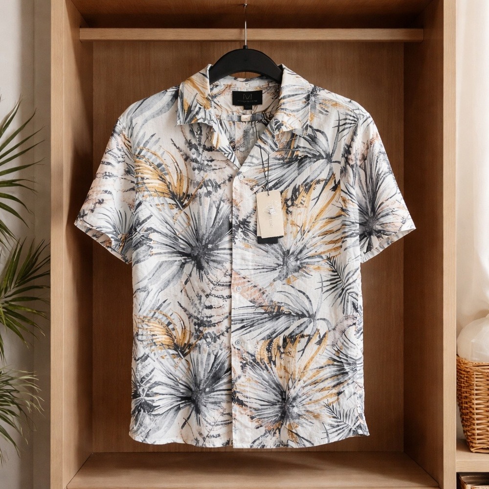 Magaschoni Mens M Linen Blend Palm Print Camp Collar Shirt Black Tan NWT